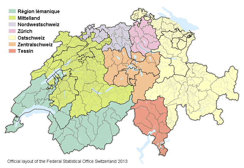 Swiss areas regions on a map