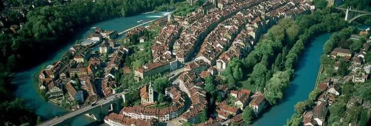 Aerial view of a historic Swiss riverside town