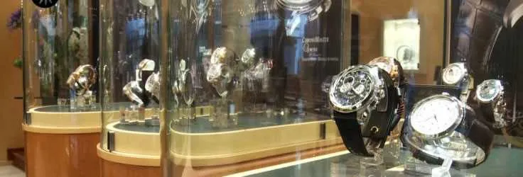 Luxury Swiss watches in a shop display