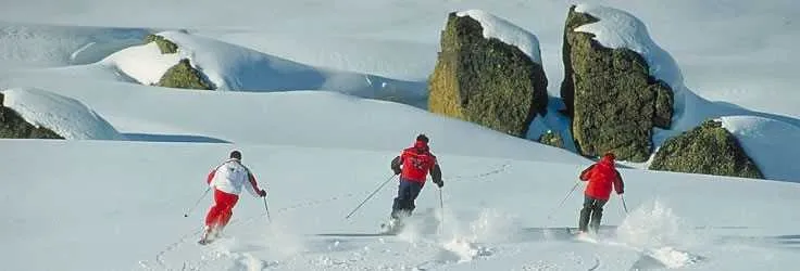 Skiers crossing a snowy landscape in the Swiss Alps