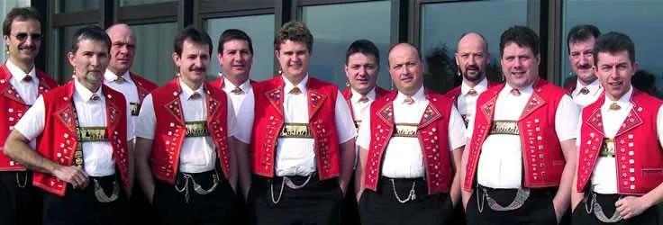 Group wearing traditional Swiss folk costumes